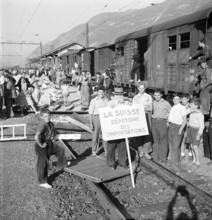 Valais; Apricot producers demonstrate against importation from abroad; 1953