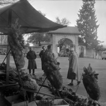 Wreath sale outside the cemetery in Zurich, 1953