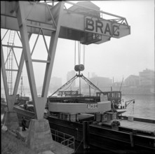 CERN Cyclotron solenoid at transfer in Basel harbor 1955
