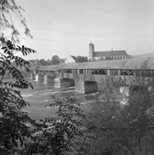 Roofed wooden bridge over the Rhine; 1953