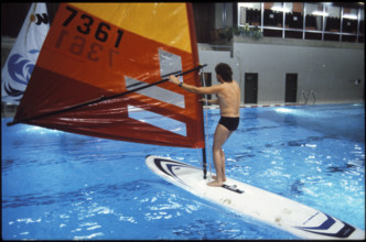 Windsurfing in indoor swimming pool 1982