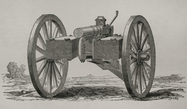 Christophe-Montigny Mitrailleuse. Hand-crank operated. It was developed by the Belgian arms factory