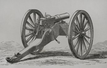 Christophe-Montigny Mitrailleuse. Hand-crank operated. It was developed by the Belgian arms factory
