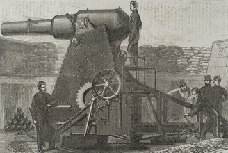 Moncrieff 7-ton gun carriage. Engraving. ""Historia de la Guerra de Francia y Prusia"" (History of