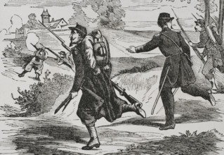 Franco-Prussian War (1870-1871). French army. Light infantry wearing field uniform. Engraving.