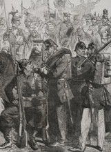 Prussian army uniforms in 1870. Engraving. ""Historia de la Guerra de Francia y Prusia"" (History