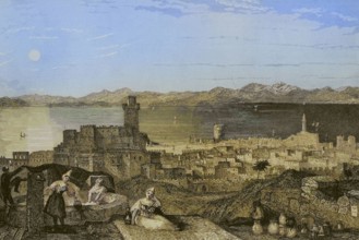 Island of Rhodes. Rhodes. Engraving by Leonce Lhuillier. Later colouration. ""La Tierra Santa y los