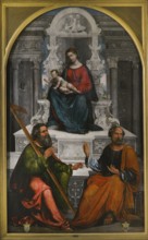 Ludovico Mazzolino (1480-ca. 1528). Italian painter. Virgin and Child on the throne with Saint