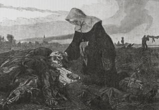 Franco-Prussian War (1870-1871). Sisters of Charity on the battlefield, tending to the wounded.