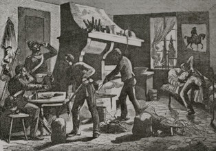 Franco-French War (1870-1871). Prussian soldiers housed in France. Engraving. ""Historia de la