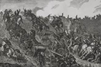 Franco-Prussian War (1870-1871). Prussian artillery engaging in combat. August 1870. Engraving.
