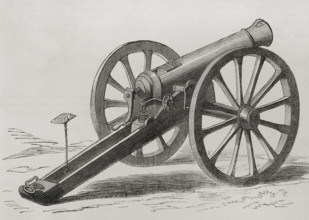 French Mitrailleuse. Back view. Engraving. ""Historia de la Guerra de Francia y Prusia"" (History