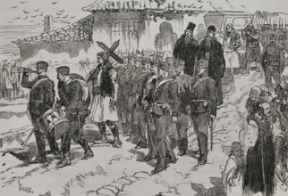 Russo-Turkish War (1877-1878). Burial of a Serbian volunteer. Engraving by Vierge. ""La Guerra de