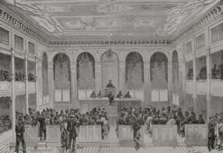 Istanbul, Turkey. A session of the Turkish Parliament. Engraving by Roch-Regnier. ""La Guerra de