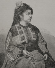 Romanian woman wearing traditional costume. Engraving by Richard Brend'amour. ""La Guerra de