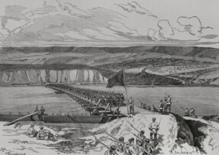 Russo-Turkish War (1877-1878). Crossing the Danube by the Russian troops. Bridge of Simnitza, June