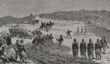 Russo-Turkish War (1877-1878). Volunteers' camp on the heights of Constantinople. Engraving. ""La