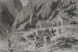 Russo-Turkish War (1877-1878). Mirditor chiefs inspecting mountain cottages. Engraving by Charles