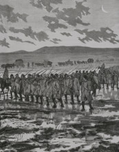 Russo-Turkish War (1877-1878). Turkish infantry column crossing the Dobrutscha swamps. Engraving by