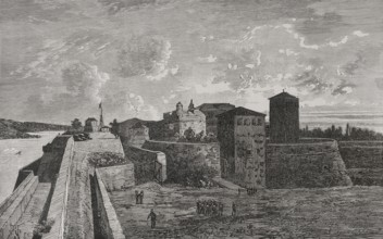 Vidin, Bulgaria. Baba Vida Fortress. Engraving. ""La Guerra de Oriente"" (The Russo-Turkish War).