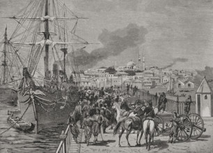 Russo-Turkish War (1877-1878). Embarkation of artillery on the Turkish ship Medjidie. Engraving by