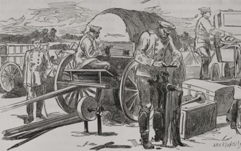 Russo-Turkish War (1877-1878). Russian camp. Field military workshop of the 9th Corps. Engraving by