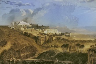 Jaffa. General view of the port city on the Mediterranean coast. Engraving by Ransonnette. Later