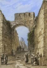 Jerusalem. View of a city street. Entrance to the Mount of Temple. Engraving by Ransonnette. Later
