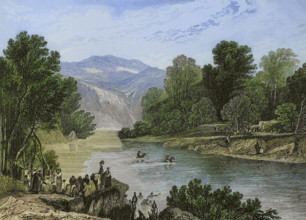 Banks of the Jordan River. Engraving by Aubert. Later colouration. ""La Tierra Santa y los lugares