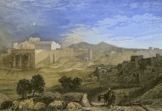 Bethlehem. General view. Engraving by Aubert. Later colouration. ""La Tierra Santa y los lugares