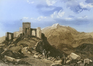 Summit of Mount Sinai. Ruins of a temple. Engraving by Emile Rouargue. Later colouration. ""La