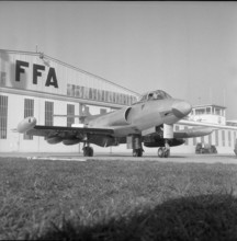 Fifth prototype of the P16 military jet in front of a factory building, Altenrhein 1960