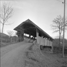 MoulinNeuf, covered wooden bridge before demolition; 1960