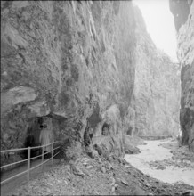 Visitors in the glacier gorge in Grindelwald, 1953
