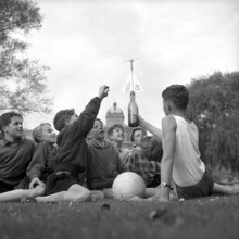Boys launching their toy satellite Bip I; Bern 1957