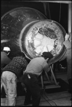 Workers place Gemini capsule at Jelmoli in 1970