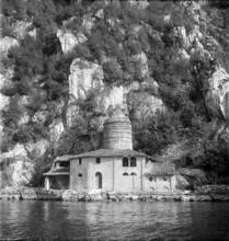 Limestone mining, lime kiln near Caprino, Ticino; 1949