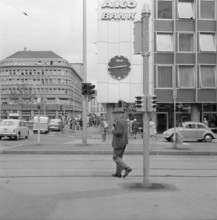 Pedestrians in front of Ako Bank in Zurich, 1956