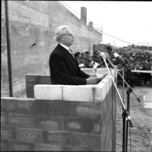 CERN President Ben Lockspeiser speaks at the laying of the foundation stone in 1955