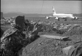 Soldier in observation trench, Zurich Airport 1970