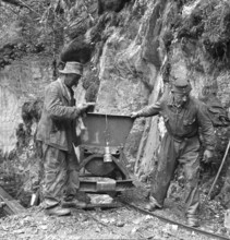 Valais, Miners. mine car. Goltschried coal mine. 1941