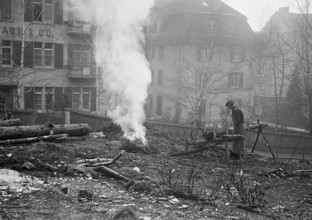 WW 2: man burning tree, trees, bush, bushes, Zurich 1941