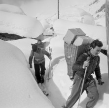 Bedretto valley, evacuation because of danger of avalanches 1951: People leave the village walking