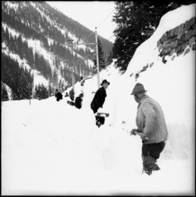 Rhaetian Railway line spilled over by avalanche, damaged circuit line. 1951,