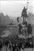 Prague 1968 after the invasion of the Warsaw Pact troops: Man protesting with a boot