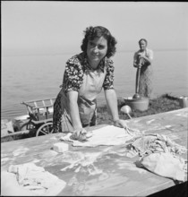 Women scrubbing laundry with a brush; washing at Lake Constance, 1944