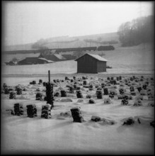 Stacked peat, covered in snow; 1957