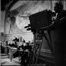 Television camera during the Federal Council election, 1954