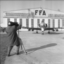 Fifth prototype of P16 military jet on factory area, Altenrhein 1960.