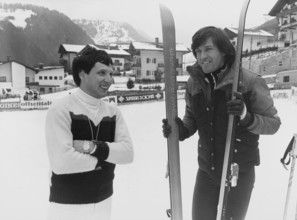 Bernhard Russi talking to sports reporter Bernard Thurnheer, 1980.